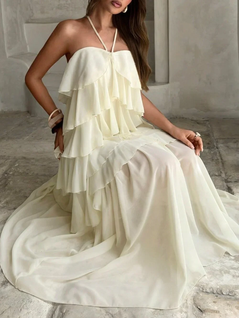 Apricot Boho Women's Elegant Romantic Layered Ruffle Halter Dress - Picture 7 of 7